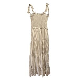 &merci Tiered Striped Maxi Dress Women's L Tie Shoulder Ruffle Cottage Smocked